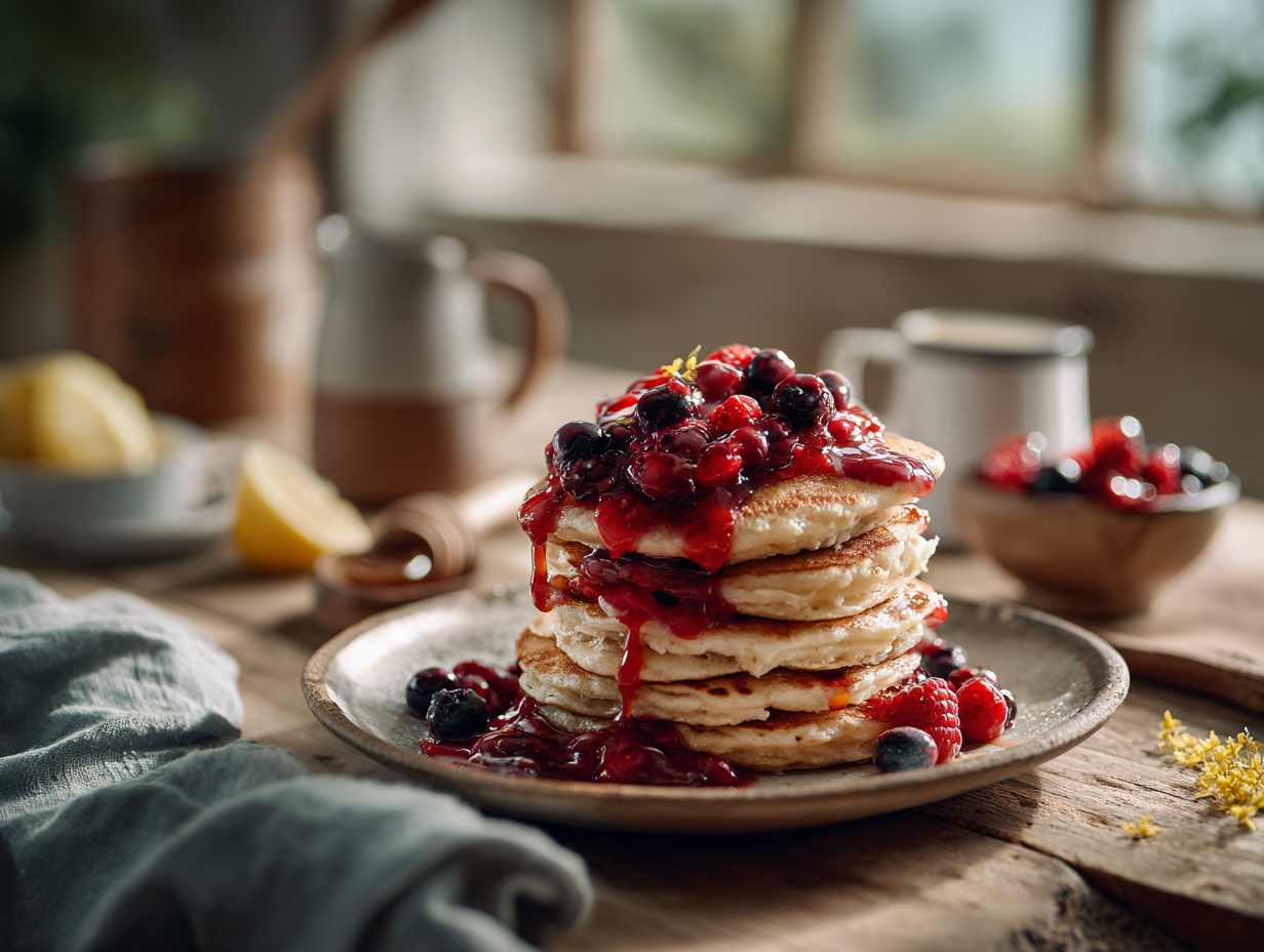 Kodiak Cakes Pancakes with Berry Compote