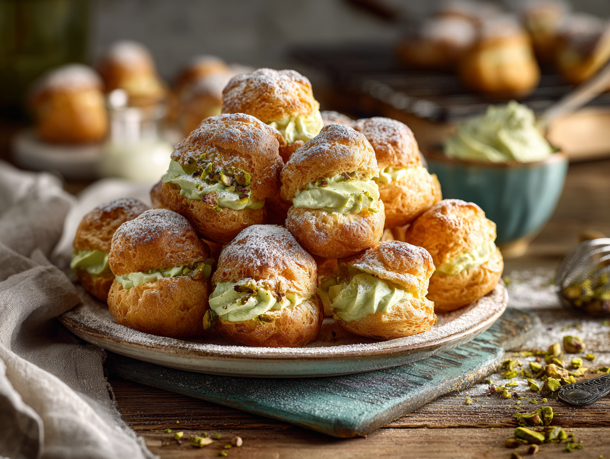 Pistachio Cream Stuffed Profiteroles