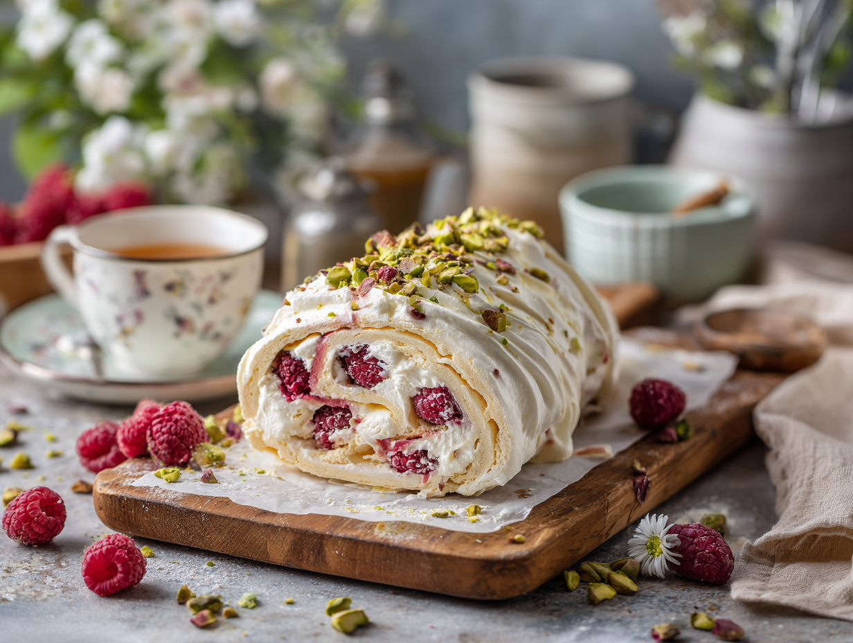 Pistachio Raspberry Pavlova Roll
